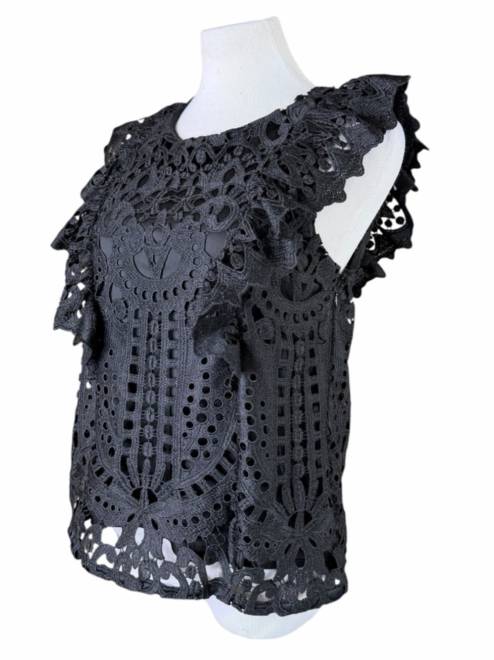 Express Black Baroque Lace Crochet Ruffle Sleeve Blouse - Size Medium - Picture 4 of 16